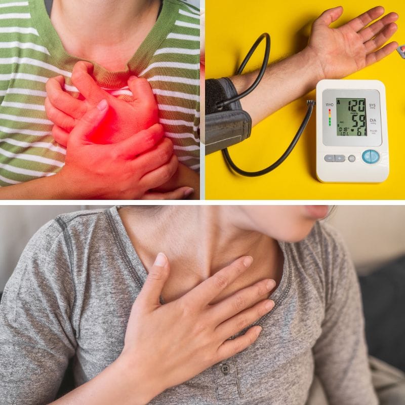 Person experiencing chest pain, possibly due to latex allergy. Blood pressure monitor reading shown.