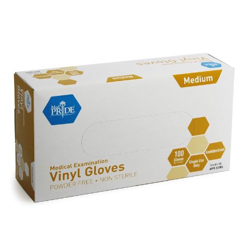 Box of MedPride medium vinyl gloves for medical examination, powder-free and non-sterile.