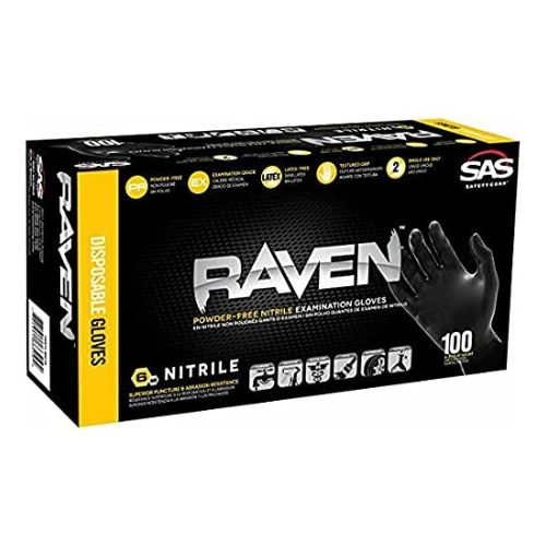 Box of Raven brand nitrile gloves. Powder-free, 100 count.