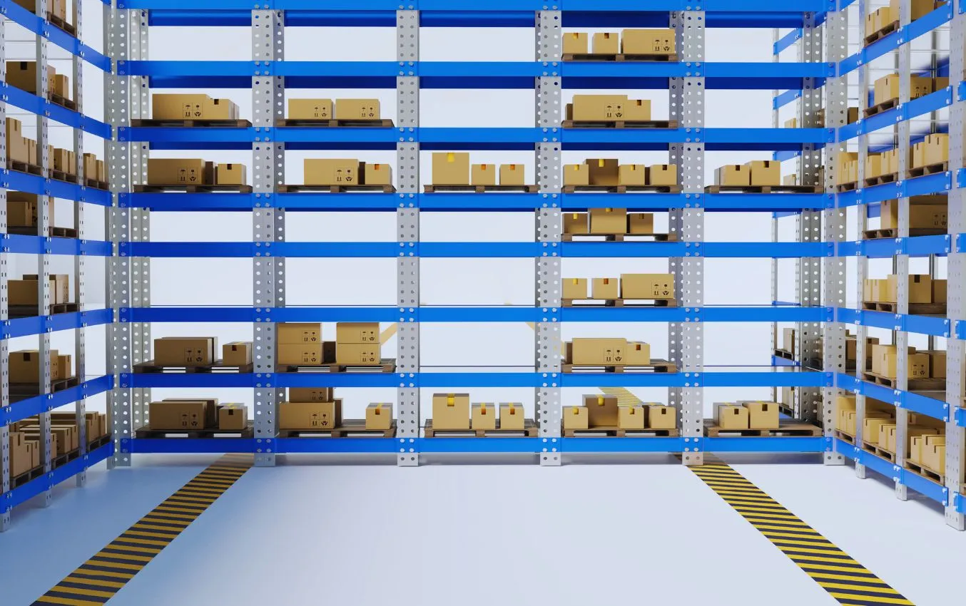 Warehouse storage racks filled with cardboard boxes.