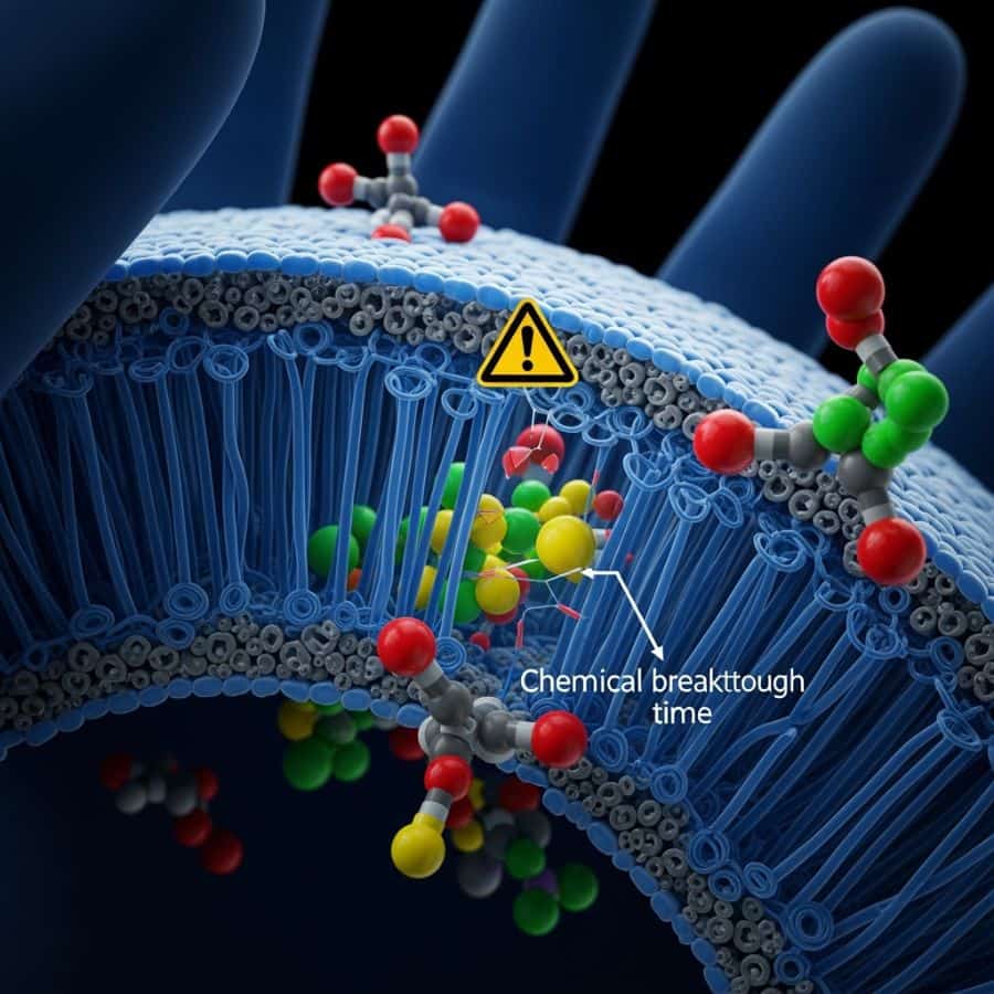 Microscopic view of nitrile glove material preventing chemical breakthrough. Chemical molecules are shown interacting with the barrier.