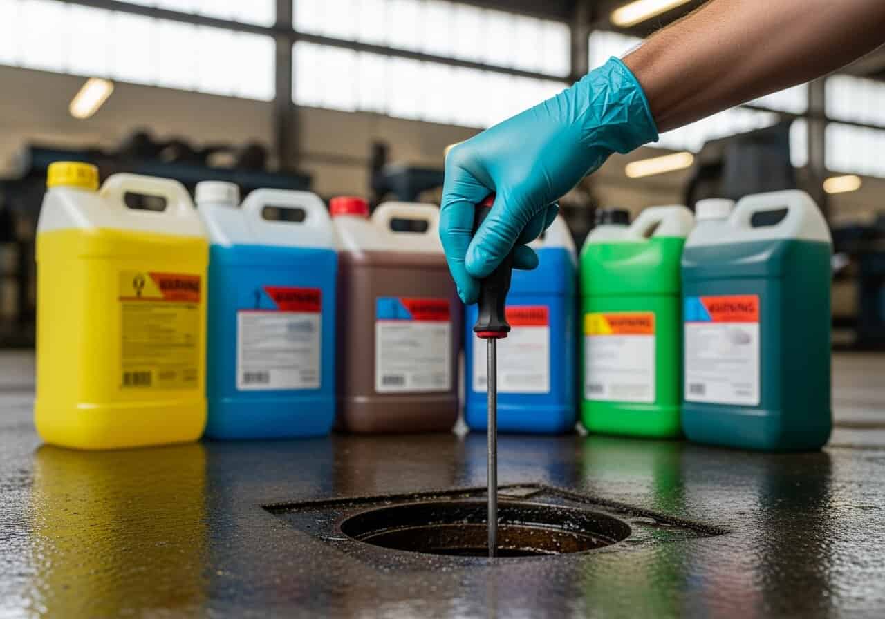 Gloved hand with screwdriver over drain near chemical containers. Safety in the workshop.
